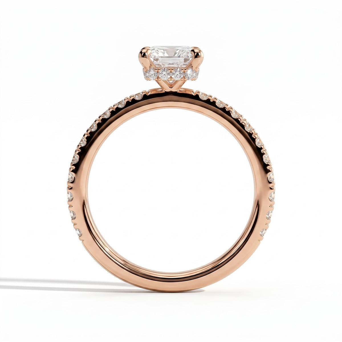 Radiant lab-grown diamond halo engagement ring in 18K (750) rose gold, side profile 