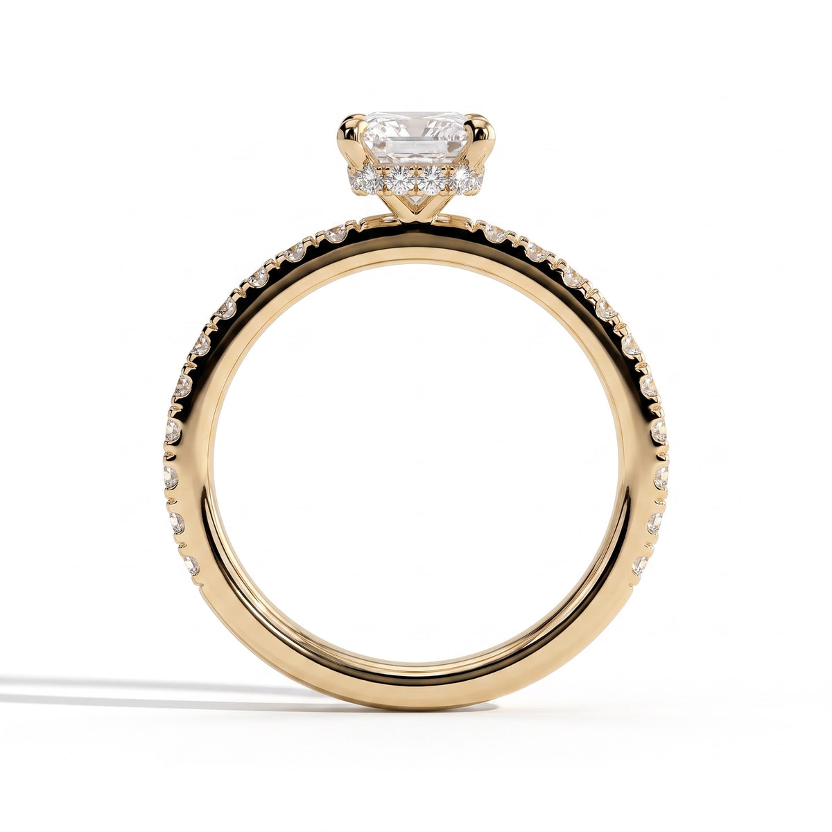 Radiant lab-grown diamond halo engagement ring in 18K (750) yellow gold, side profile 