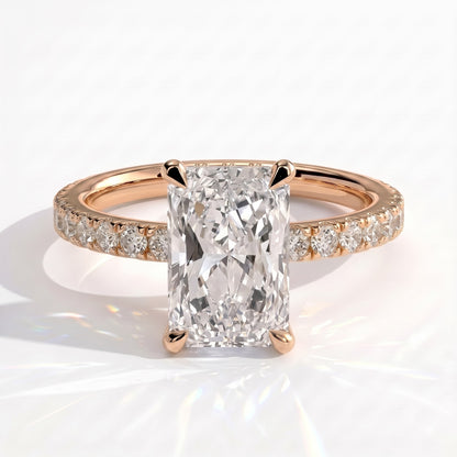 Radiant lab-grown diamond halo engagement ring in 18K (750) rose gold, front view 