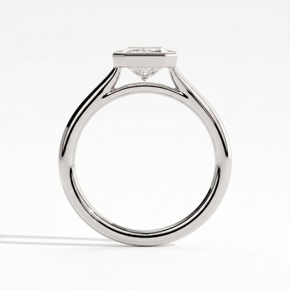 Radiant lab-grown diamond bezel-set solitaire engagement ring in 18K (750) white gold, side profile 