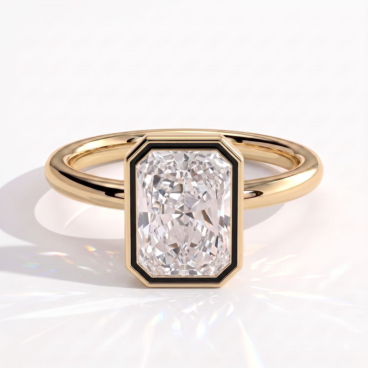 Radiant lab-grown diamond bezel-set solitaire engagement ring in 18K (750) yellow gold, front view 