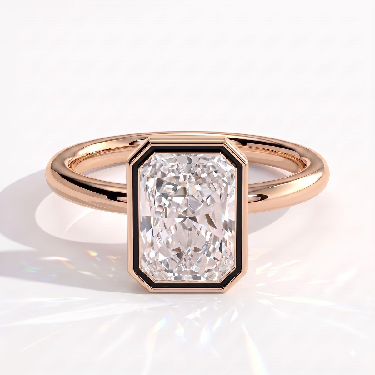 Radiant lab-grown diamond bezel-set solitaire engagement ring in 18K (750) rose gold, front view 