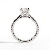 Radiant lab-grown diamond halo engagement ring in 18K (750) white gold, side profile 