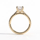 Radiant lab-grown diamond halo engagement ring in 18K (750) yellow gold, side profile 