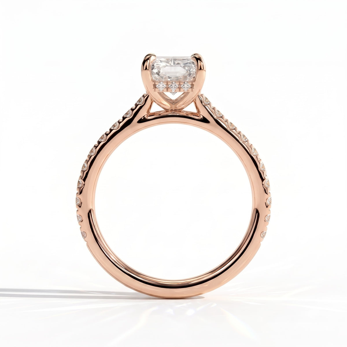 Radiant lab-grown diamond halo engagement ring in 18K (750) rose gold, side profile 
