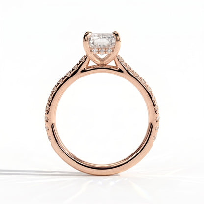 Radiant lab-grown diamond halo engagement ring in 18K (750) rose gold, side profile 