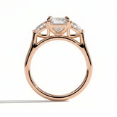 Radiant lab-grown diamond three-stone engagement ring in 18K (750) rose gold, side profile 