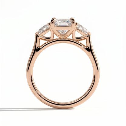 Radiant lab-grown diamond three-stone engagement ring in 18K (750) rose gold, side profile 