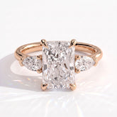 Radiant lab-grown diamond three-stone engagement ring in 18K (750) rose gold, front view 