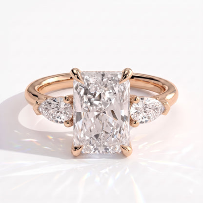 Radiant lab-grown diamond three-stone engagement ring in 18K (750) rose gold, front view 