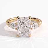 Radiant lab-grown diamond three-stone engagement ring in 18K (750) yellow gold, front view 