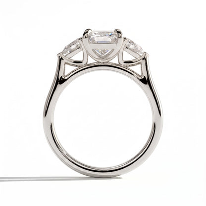 Radiant lab-grown diamond three-stone engagement ring in 950 platinum, side profile 