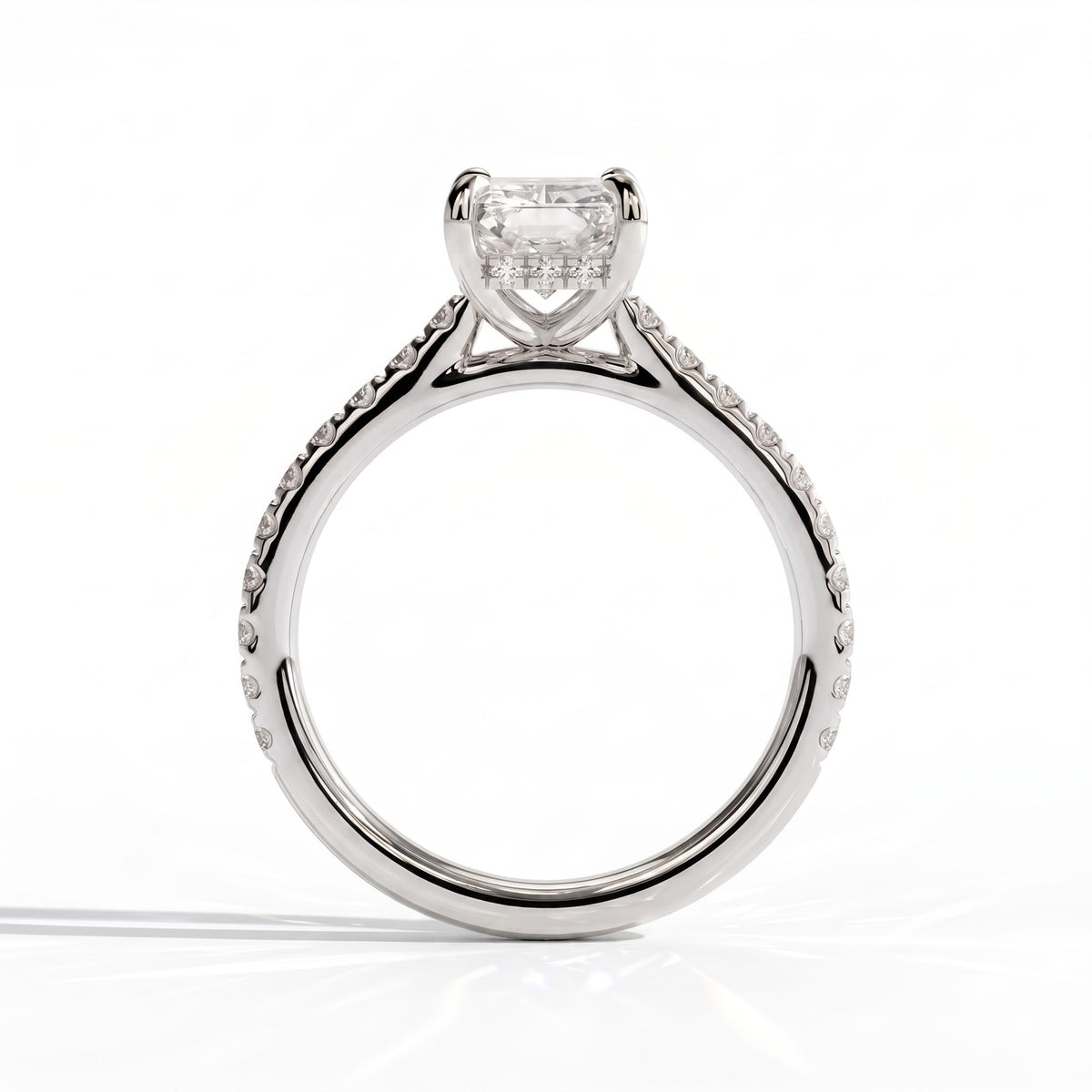 Radiant lab-grown diamond halo engagement ring in 950 platinum, side profile 