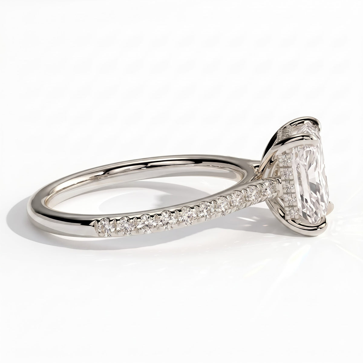 Radiant lab-grown diamond halo engagement ring in 950 platinum, detail view 