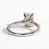 Radiant lab-grown diamond halo engagement ring in 950 platinum, on white background 