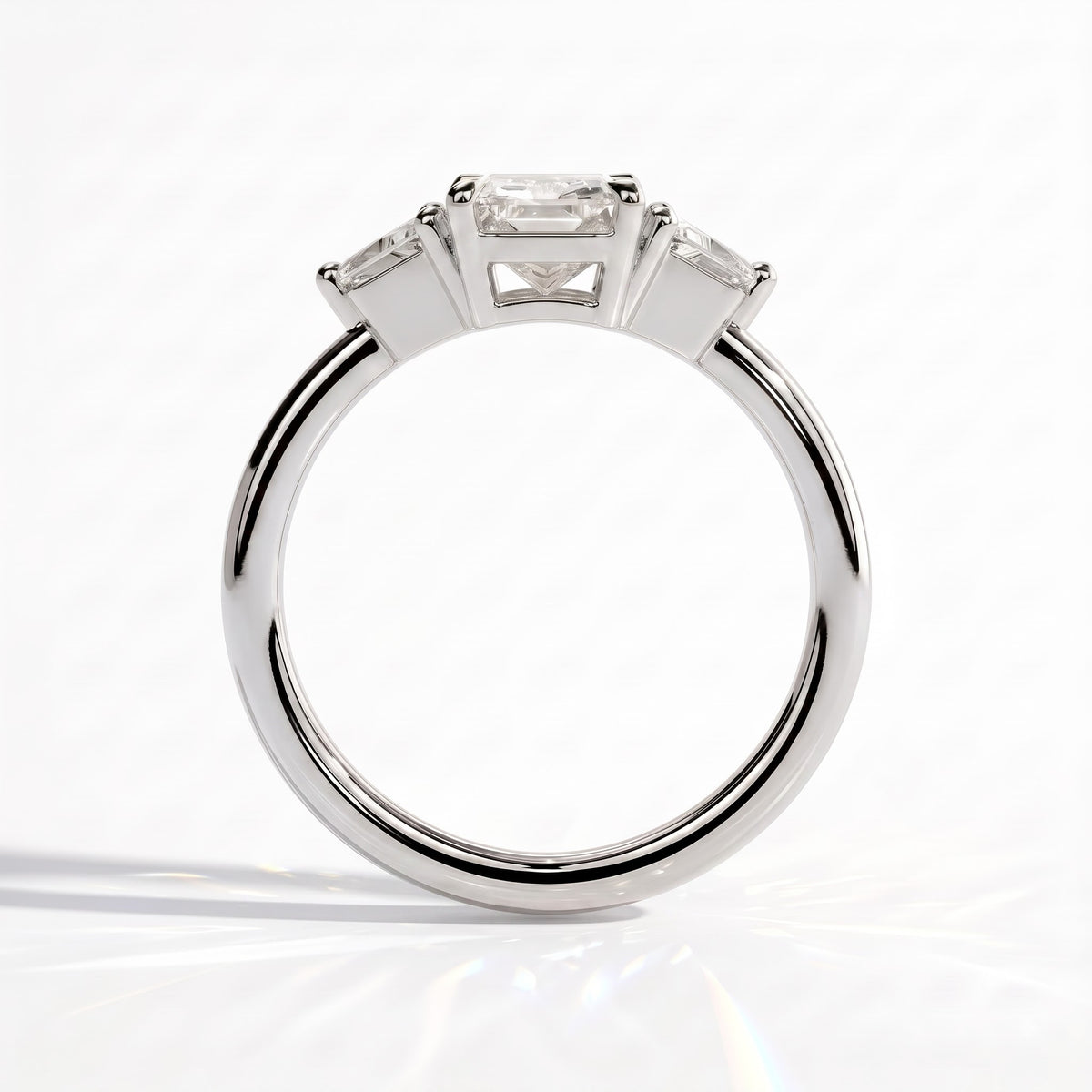 Radiant lab-grown diamond three-stone engagement ring in 14K (585) white gold, side profile 