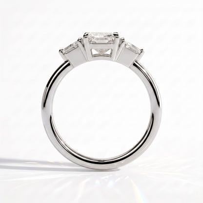 Radiant lab-grown diamond three-stone engagement ring in 14K (585) white gold, side profile 