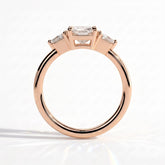 Radiant lab-grown diamond three-stone engagement ring in 14K (585) rose gold, side profile 