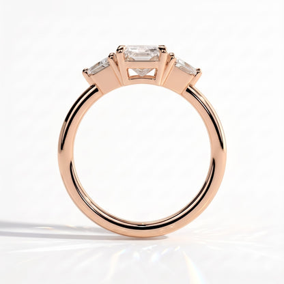 Radiant lab-grown diamond three-stone engagement ring in 14K (585) rose gold, side profile 