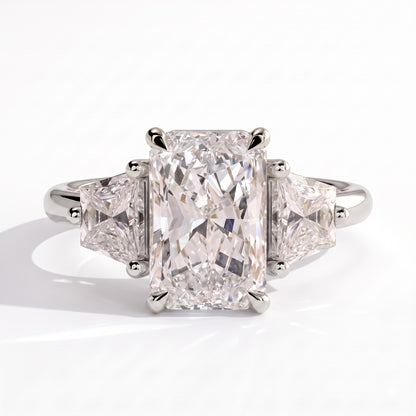 Radiant lab-grown diamond three-stone engagement ring in 14K (585) white gold, front view 