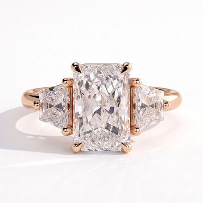 Radiant lab-grown diamond three-stone engagement ring in 14K (585) rose gold, front view 