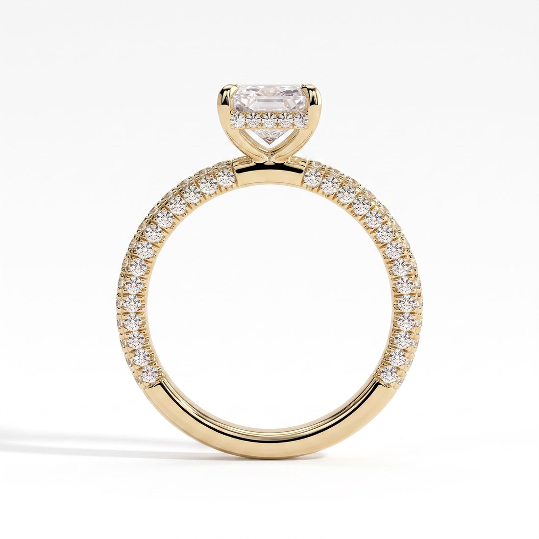 Radiant lab-grown diamond halo engagement ring in 14K (585) yellow gold, side profile 