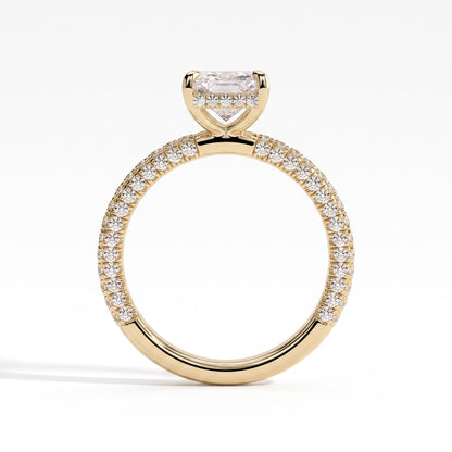 Radiant lab-grown diamond halo engagement ring in 14K (585) yellow gold, side profile 
