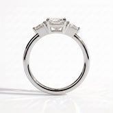 Radiant lab-grown diamond three-stone engagement ring in 18K (750) white gold, side profile 