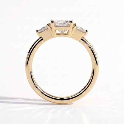 Radiant lab-grown diamond three-stone engagement ring in 18K (750) yellow gold, side profile 