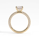 Radiant lab-grown diamond halo engagement ring in 18K (750) yellow gold, side profile 
