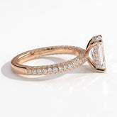 Radiant lab-grown diamond halo engagement ring in 18K (750) rose gold, detail view 