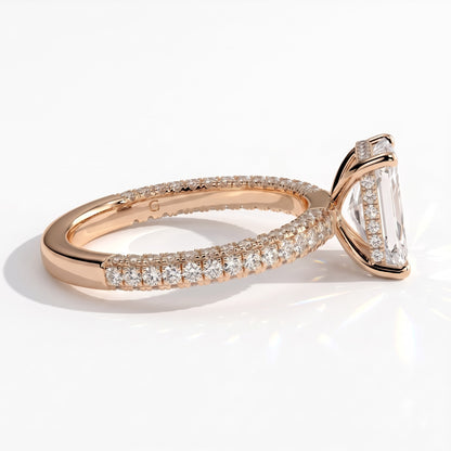 Radiant lab-grown diamond halo engagement ring in 18K (750) rose gold, detail view 