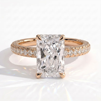 Radiant lab-grown diamond halo engagement ring in 18K (750) rose gold, front view 