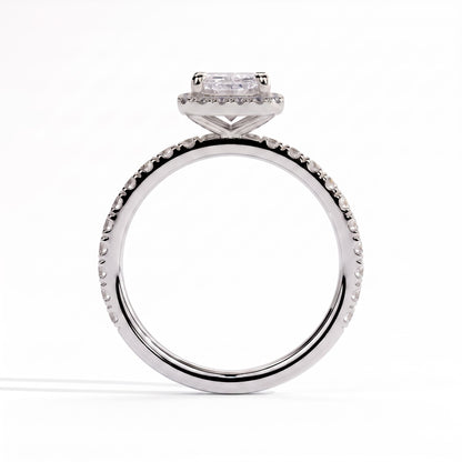 Radiant lab-grown diamond halo engagement ring in 14K (585) white gold, side profile 