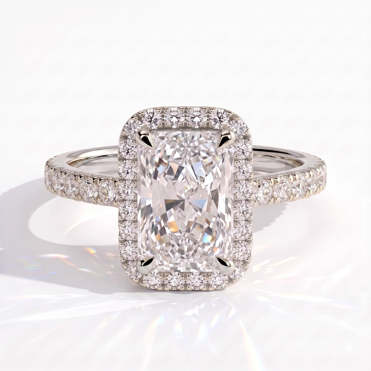 Radiant lab-grown diamond halo engagement ring in 14K (585) white gold, front view 