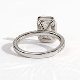 Radiant lab-grown diamond halo engagement ring in 14K (585) white gold, on white background 