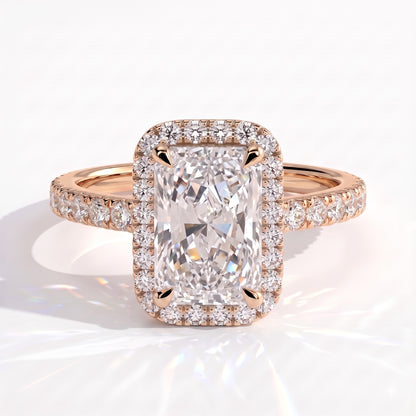 Radiant lab-grown diamond halo engagement ring in 14K (585) rose gold, front view 