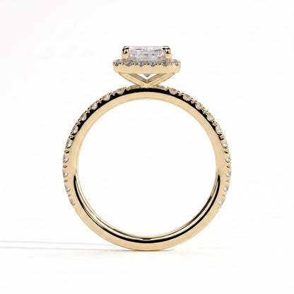 Radiant lab-grown diamond halo engagement ring in 14K (585) yellow gold, side profile 