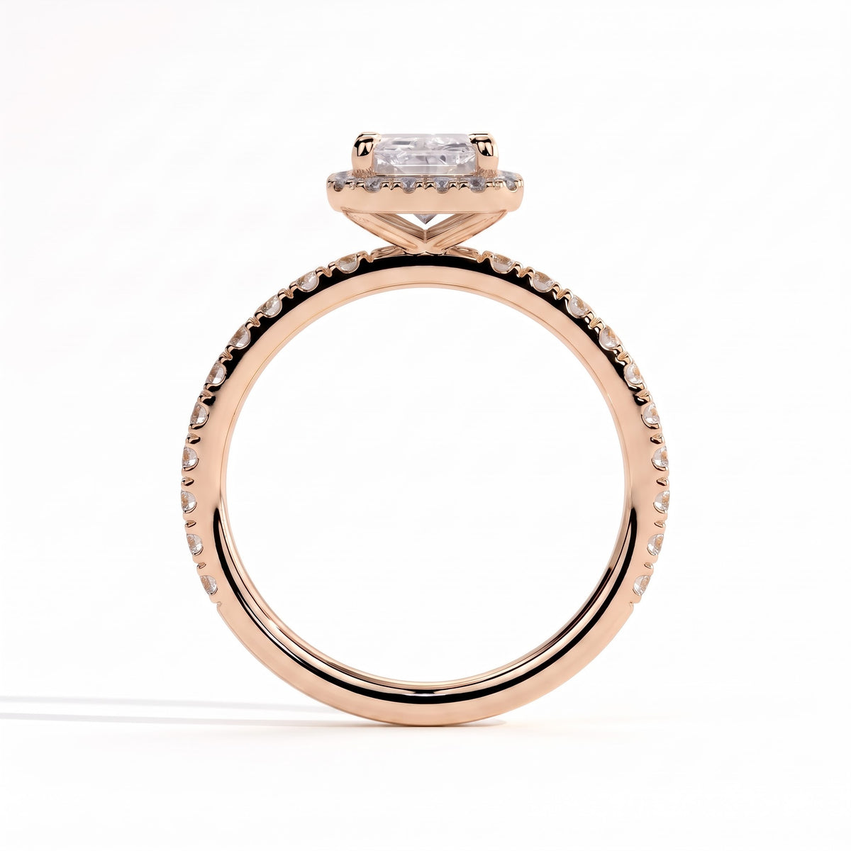 Radiant lab-grown diamond halo engagement ring in 18K (750) rose gold, side profile 