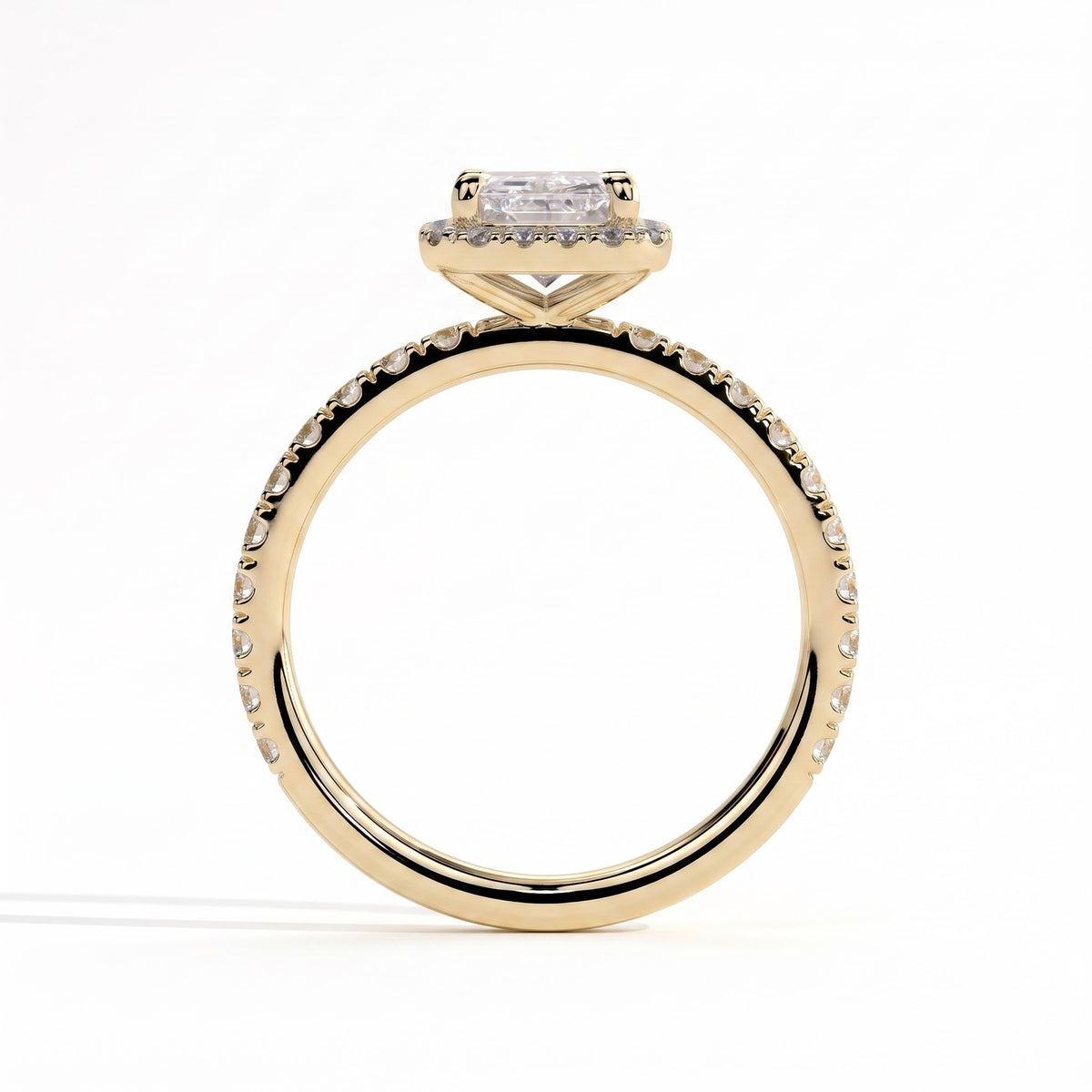 Radiant lab-grown diamond halo engagement ring in 18K (750) yellow gold, side profile 