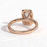 Radiant lab-grown diamond halo engagement ring in 18K (750) rose gold, on white background 