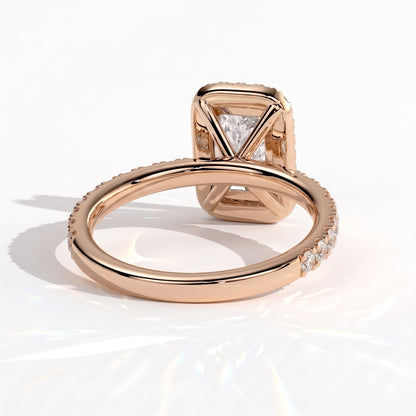 Radiant lab-grown diamond halo engagement ring in 18K (750) rose gold, on white background 