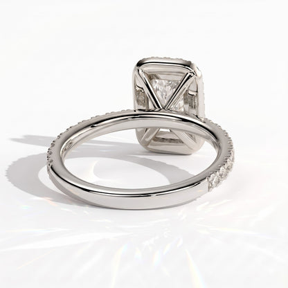 Radiant lab-grown diamond halo engagement ring in 18K (750) white gold, on white background 