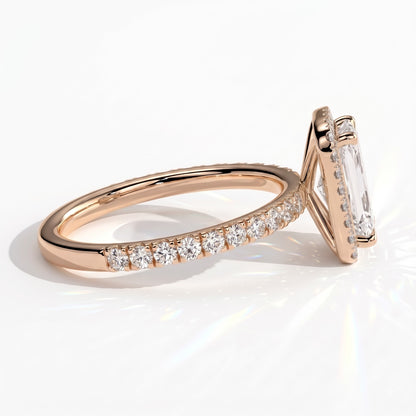 Radiant lab-grown diamond halo engagement ring in 18K (750) rose gold, detail view 