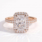 Radiant lab-grown diamond halo engagement ring in 18K (750) rose gold, front view 
