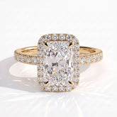 Radiant lab-grown diamond halo engagement ring in 18K (750) yellow gold, front view 