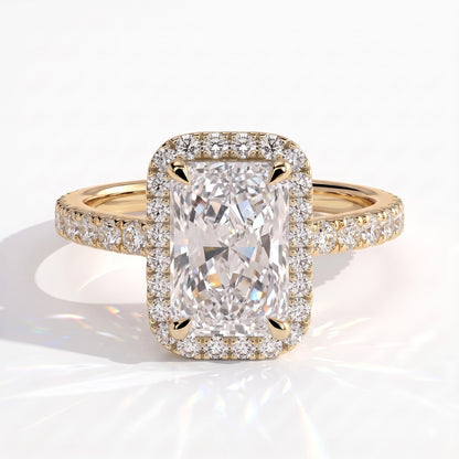 Radiant lab-grown diamond halo engagement ring in 18K (750) yellow gold, front view 