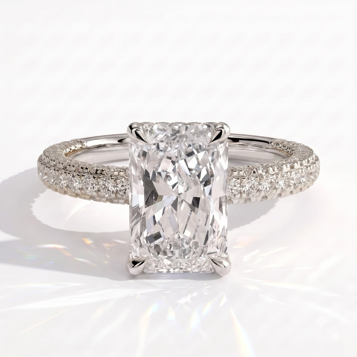 Radiant lab-grown diamond halo engagement ring in 950 platinum, front view 