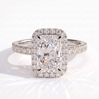 Radiant lab-grown diamond halo engagement ring in 950 platinum, front view 