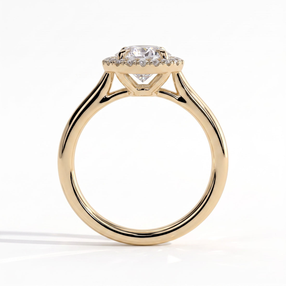 Pear lab-grown diamond halo engagement ring in 14K (585) yellow gold, side profile 